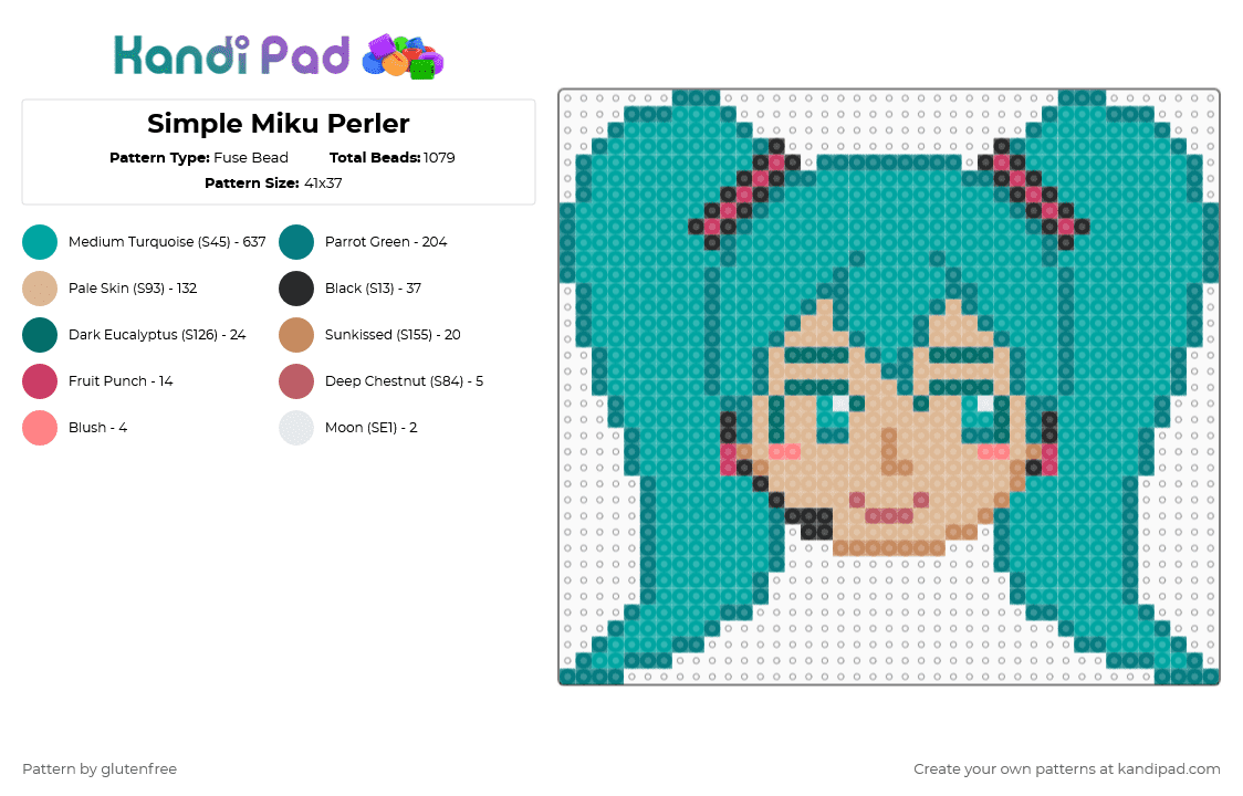 Simple Miku Perler - Fuse Bead Pattern by glutenfree on Kandi Pad - teal,hatsune miku,vocaloid,anime,music,miku,kawaii