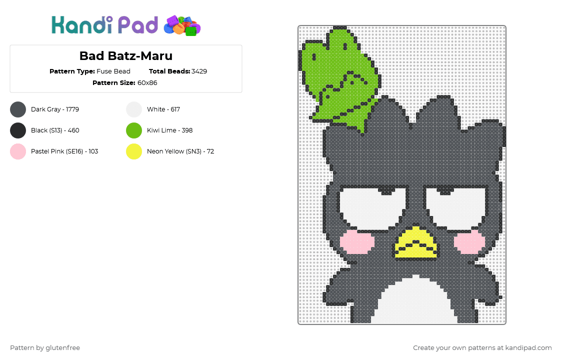 Bad Batz-Maru - Fuse Bead Pattern by glutenfree on Kandi Pad - gray,badtz maru,bad badtz maru,sanrio,animal,kawaii,cute