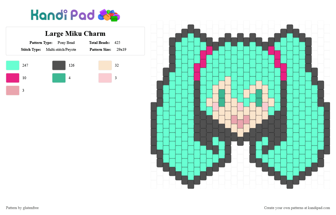 Large Miku Charm - Pony Bead Pattern by glutenfree on Kandi Pad - anime, charm, cotdanime, gray, hatsune miku, miku, music, teal, vocaloid