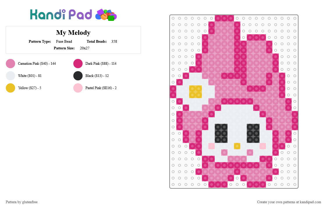 My Melody - Fuse Bead Pattern by glutenfree on Kandi Pad - animal, bunny, cute, kawaii, my melody, pink, rabbit, sanrio