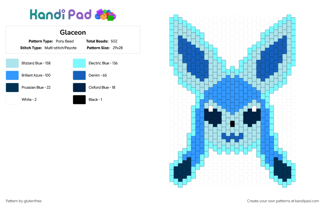 Glaceon - Pony Bead Pattern by glutenfree on Kandi Pad - animal, cute, eeveelution, gaming, glaceon, kawaii, light blue, pokemon