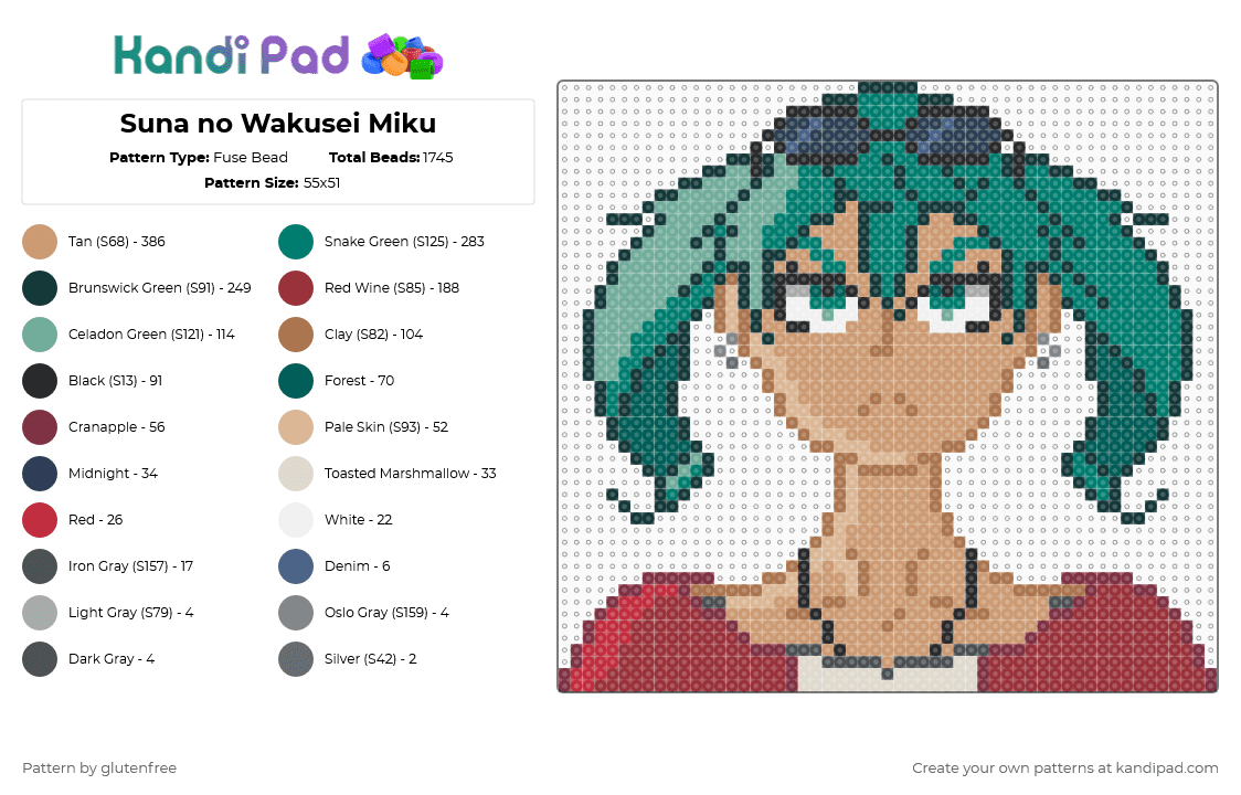 Suna no Wakusei Miku - Fuse Bead Pattern by glutenfree on Kandi Pad - teal,beige,red,hatsune miku,miku,vocaloid,music,anime