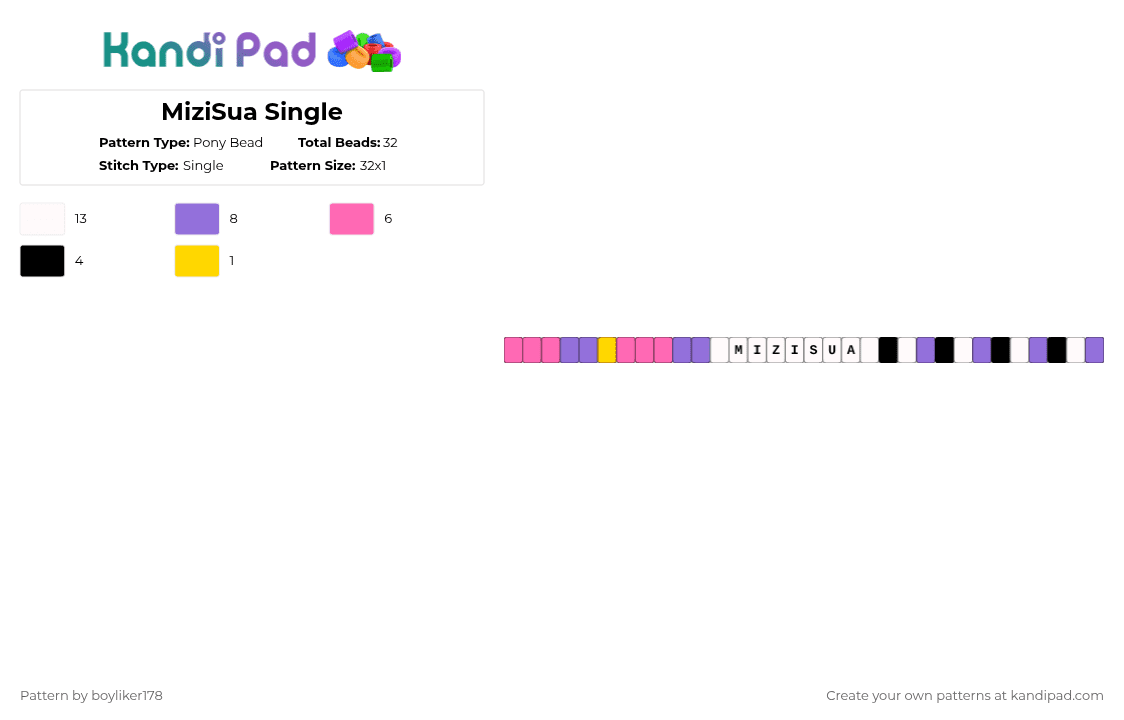 MiziSua Single - Pony Bead Pattern by boyliker178 on Kandi Pad - purple,pink