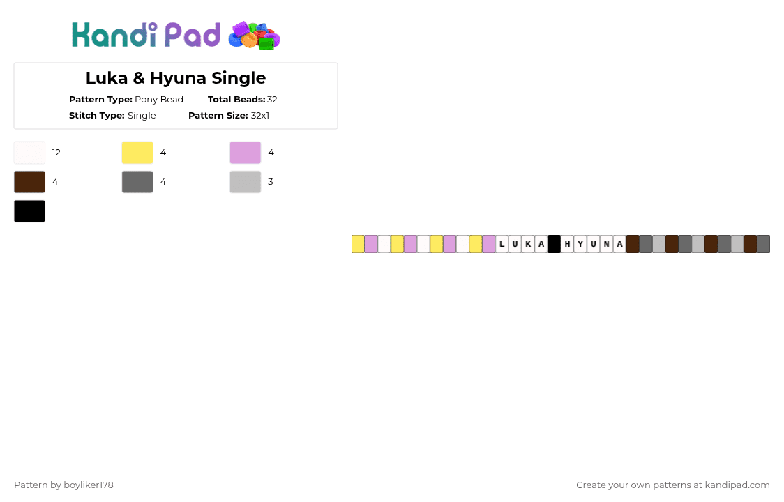Luka & Hyuna Single - Pony Bead Pattern by boyliker178 on Kandi Pad - yellow,pink,brown,gray