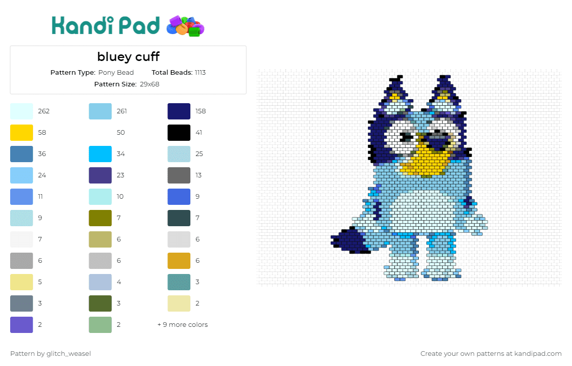 bluey cuff - Pony Bead Pattern by glitch_weasel on Kandi Pad - bluey,character,playful,charm,blue