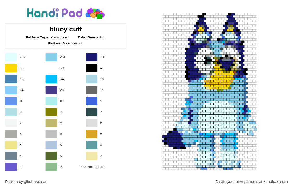 bluey cuff - Pony Bead Pattern by glitch_weasel on Kandi Pad - bluey,character,playful,blue