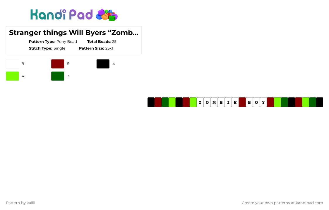 Stranger things Will Byers “Zombie Boy” - Pony Bead Pattern by kaliii on Kandi Pad - red,green