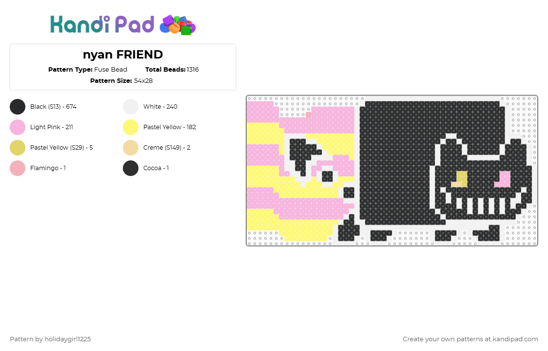 nyan FRIEND - Fuse Bead Pattern by hexane on Kandi Pad - black,pink,yellow,imagefriend,deltarune,deltarunechap1,videogame,nyancat