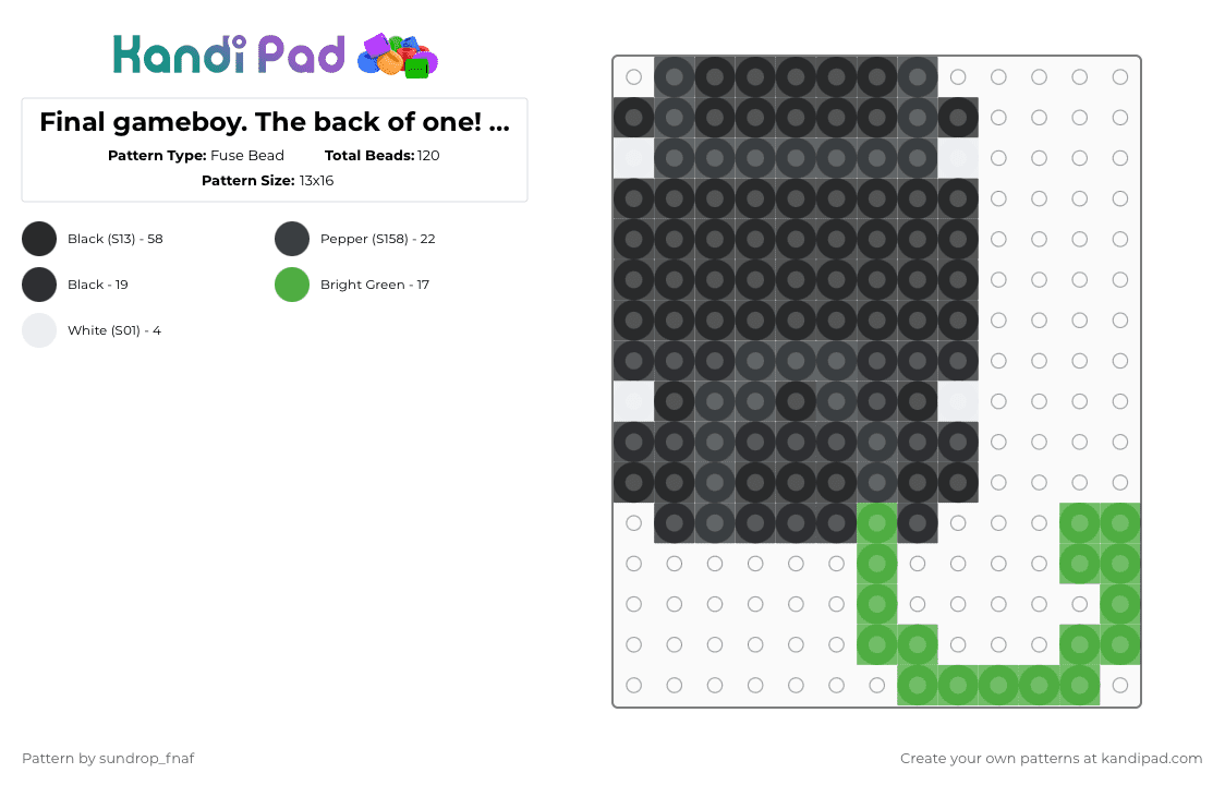 Final gameboy. The back of one! (The green part is da tail) - Fuse Bead Pattern by deleted_user_845604 on Kandi Pad - black,green