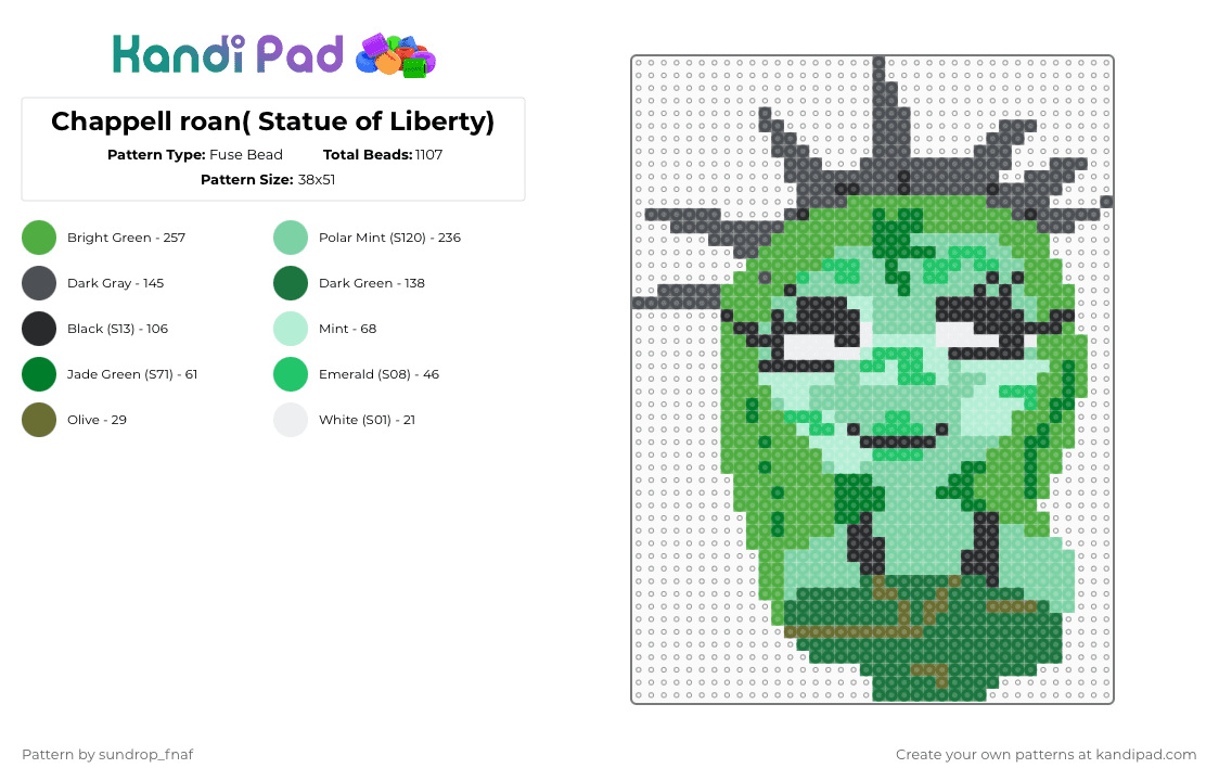Chappell roan( Statue of Liberty) - Fuse Bead Pattern by deleted_user_845604 on Kandi Pad - green, teal