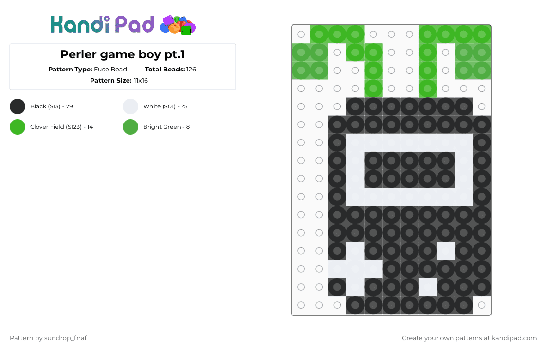 Perler game boy pt.1 - Fuse Bead Pattern by deleted_user_845604 on Kandi Pad - black,white,green