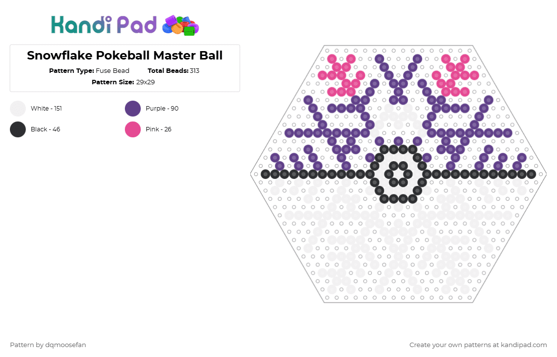 Snowflake Pokeball Master Ball - Fuse Bead Pattern by dqmoosefan on Kandi Pad - 100, ball, master, pokeball, pokemon, purple, snow, snowflake, winter