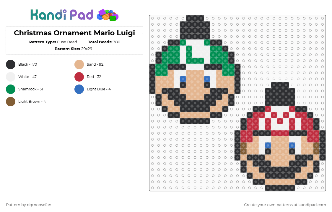 Christmas Ornament Mario Luigi - Fuse Bead Pattern by dqmoosefan on Kandi Pad - black,red,beige,green,christmas,ornament,mario,luigi