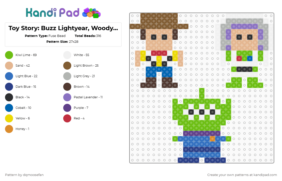 Toy Story: Buzz Lightyear, Woody, Alien - Fuse Bead Pattern by dqmoosefan on Kandi Pad - tan,beige,blue,green,toy story,buzz,lightyear,woody,alien,cowboy,spaceman