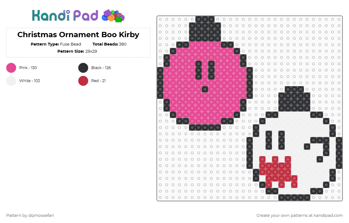 Christmas Ornament Boo Kirby - Fuse Bead Pattern by dqmoosefan on Kandi Pad - pink,christmas,ornament,kirby,boo,mario