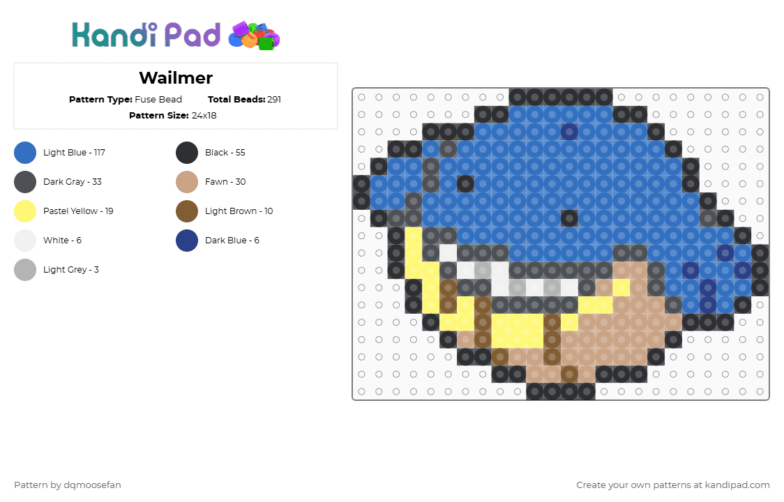Wailmer - Fuse Bead Pattern by dqmoosefan on Kandi Pad - blue,pokemon,wailmer