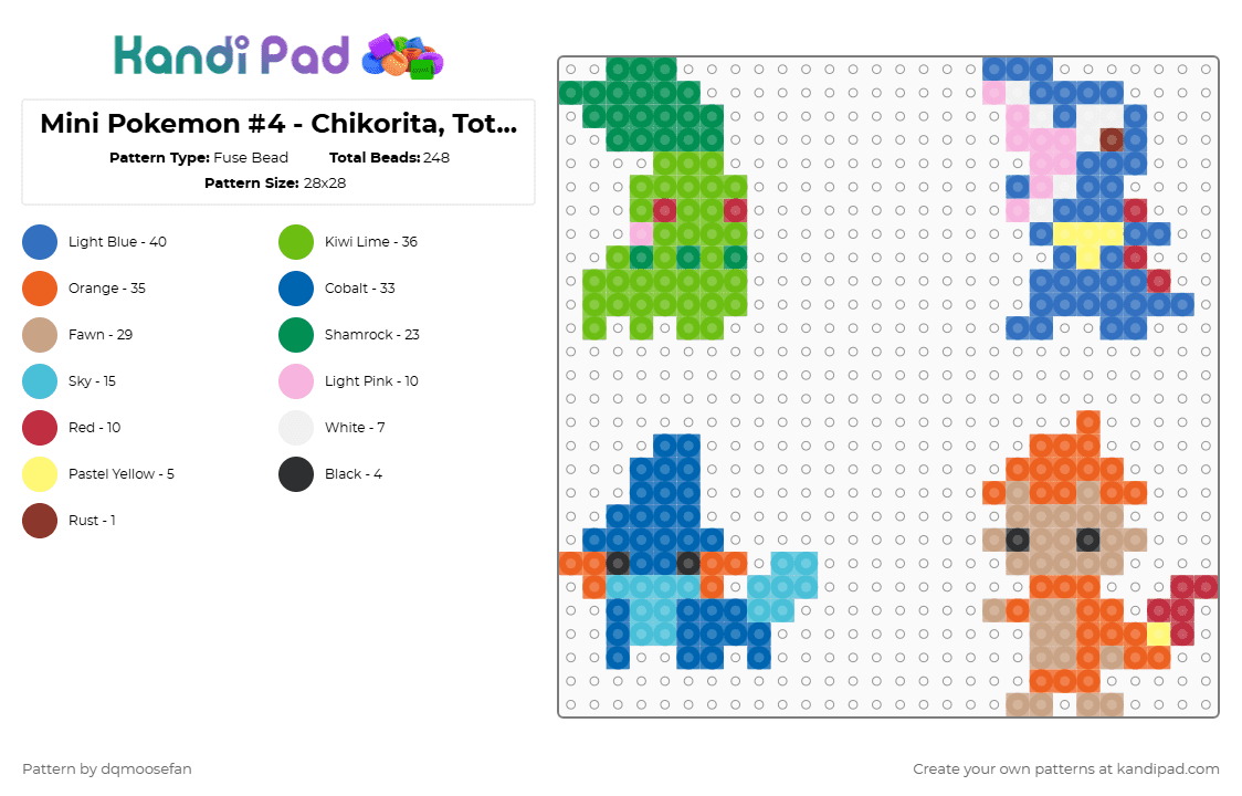 Mini Pokemon #4 - Chikorita, Totodile, Mudkip, Chimchar - Fuse Bead Pattern by dqmoosefan on Kandi Pad - green,blue,orange,beige,chikorita,totodile,mudkip,chimchar,pokemon,mini