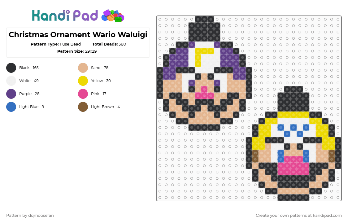 Christmas Ornament Wario Waluigi - Fuse Bead Pattern by dqmoosefan on Kandi Pad - black,beige,yellow,purple,christmas,ornament,mario,wario,waluigi