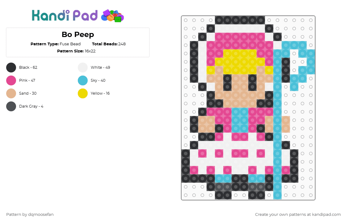 Bo Peep - Fuse Bead Pattern by dqmoosefan on Kandi Pad - light blue,pink,beige,bo peep,toy story