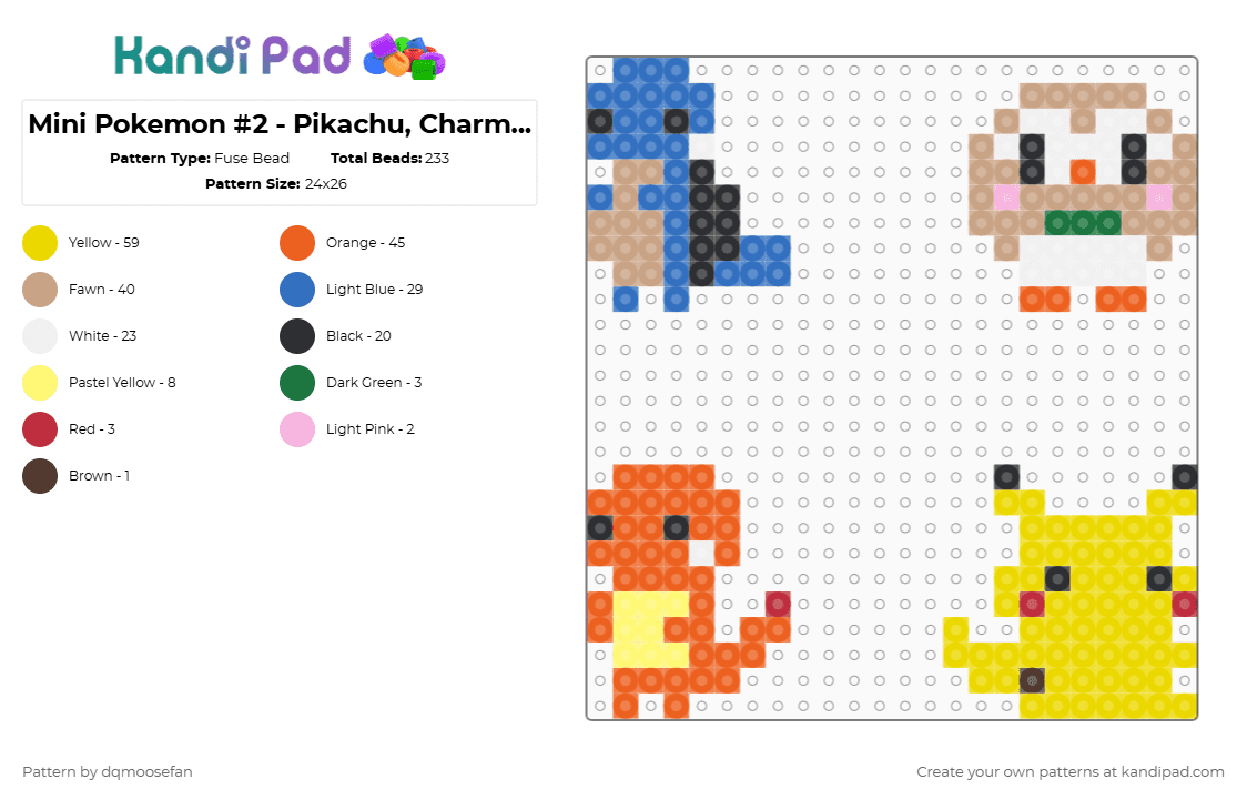 Mini Pokemon #2 - Pikachu, Charmander, Rowlet, Squirtle - Fuse Bead Pattern by dqmoosefan on Kandi Pad - blue,beige,orange,yellow,pokemon,pikachu,charmander,rowlet,squirtle,mini