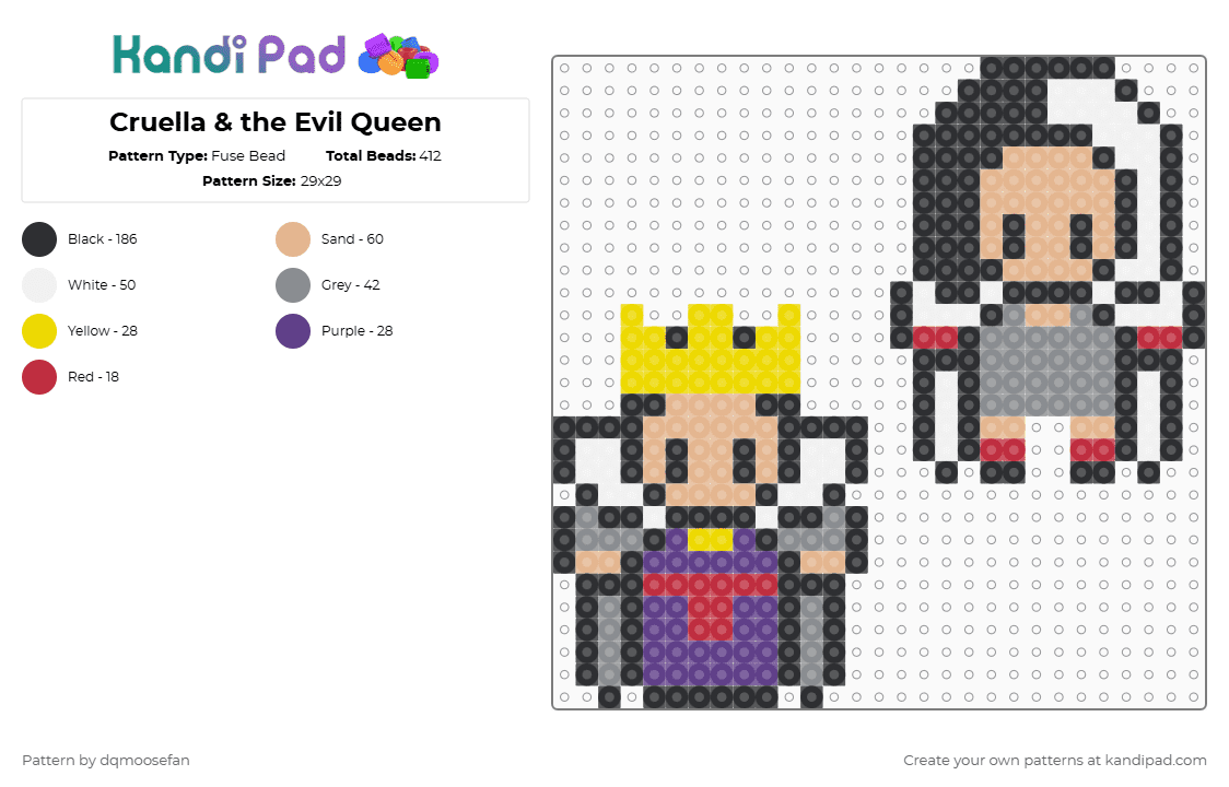 Cruella & the Evil Queen - Fuse Bead Pattern by dqmoosefan on Kandi Pad - black,beige,gray,snow white,evil queen,cruella,101 dalmatians,wicked queen,disney