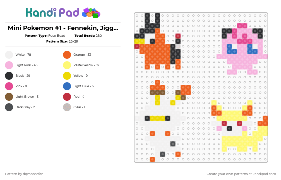 Mini Pokemon #1 - Fennekin, Jigglypuff, Tepig, Scorbunny - Fuse Bead Pattern by dqmoosefan on Kandi Pad - pink,yellow,orange,pokemon,fennekin,jigglypuff,tepig,scorbunny