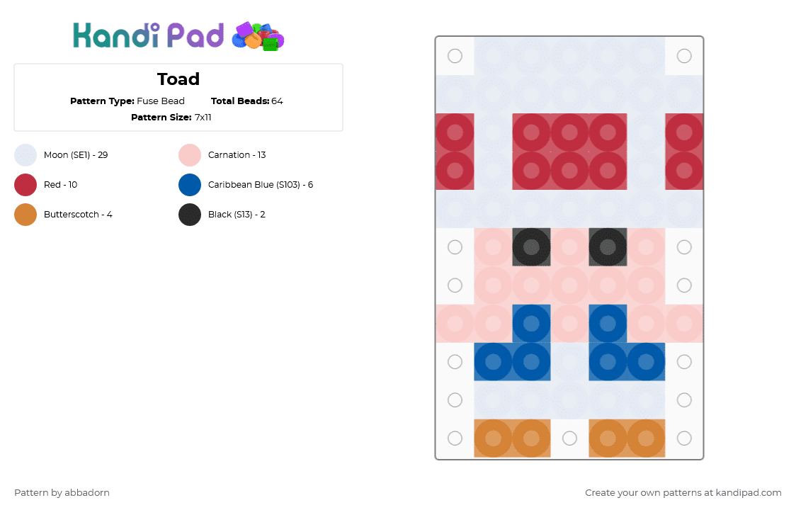 Toad - Fuse Bead Pattern by abbadorn on Kandi Pad - white,beige,red