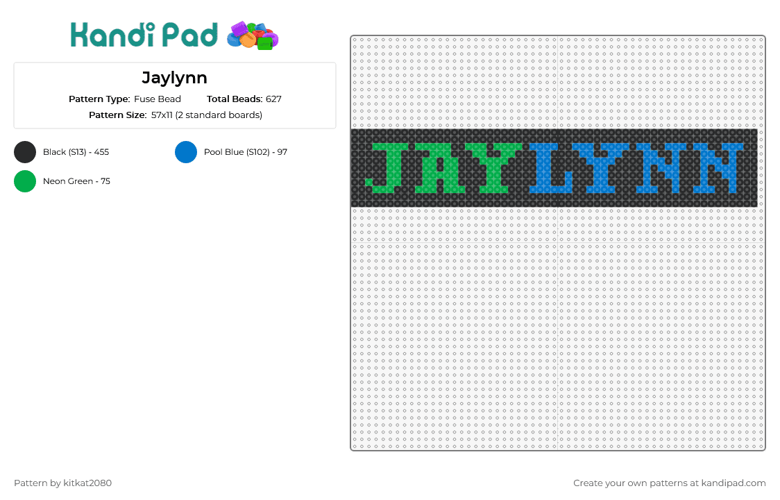Jaylynn - Fuse Bead Pattern by kitkat2080 on Kandi Pad - text,personalized,custom,bold letters,gift,creativity,green,blue