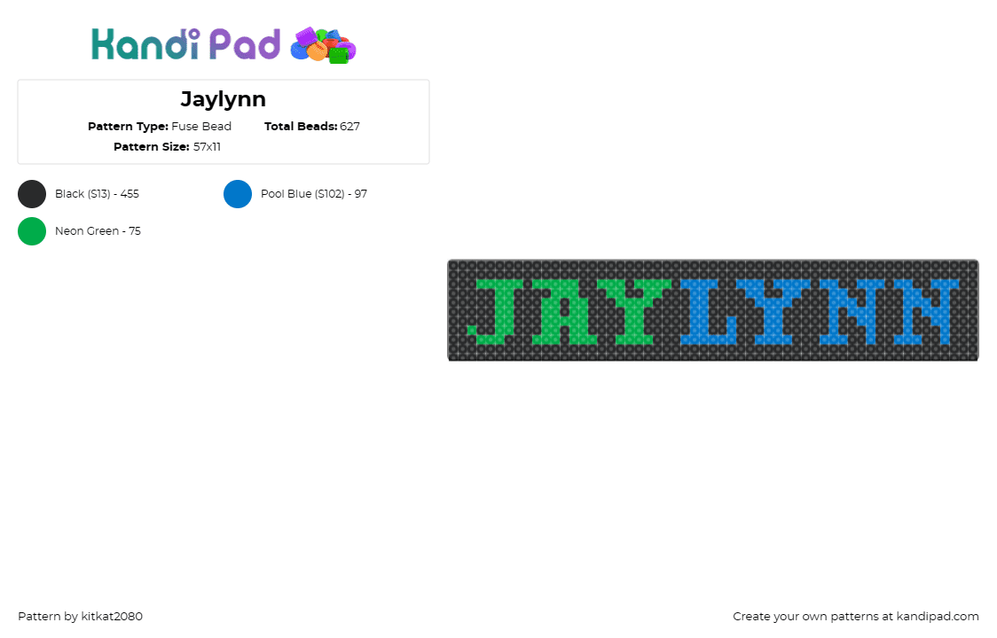 Jaylynn - Fuse Bead Pattern by kitkat2080 on Kandi Pad - text,personalized,custom,bold letters,gift,green,blue