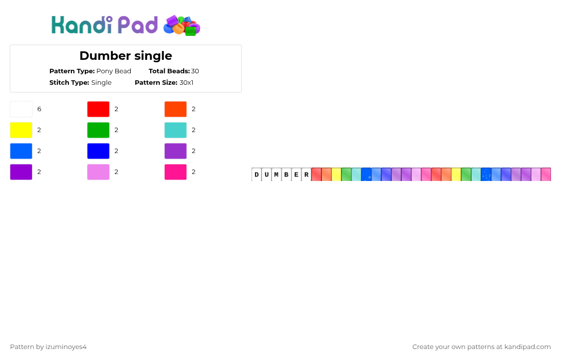 Dumber single - Pony Bead Pattern by noxiebeingnoxious on Kandi Pad - blue, pink, purple, rainbow, red