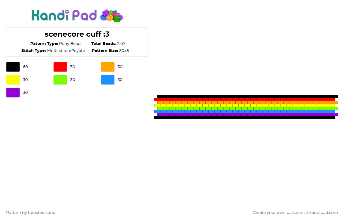 scenecore cuff :3 - Pony Bead Pattern by torostarskandi on Kandi Pad - orange,green,purple,colorful