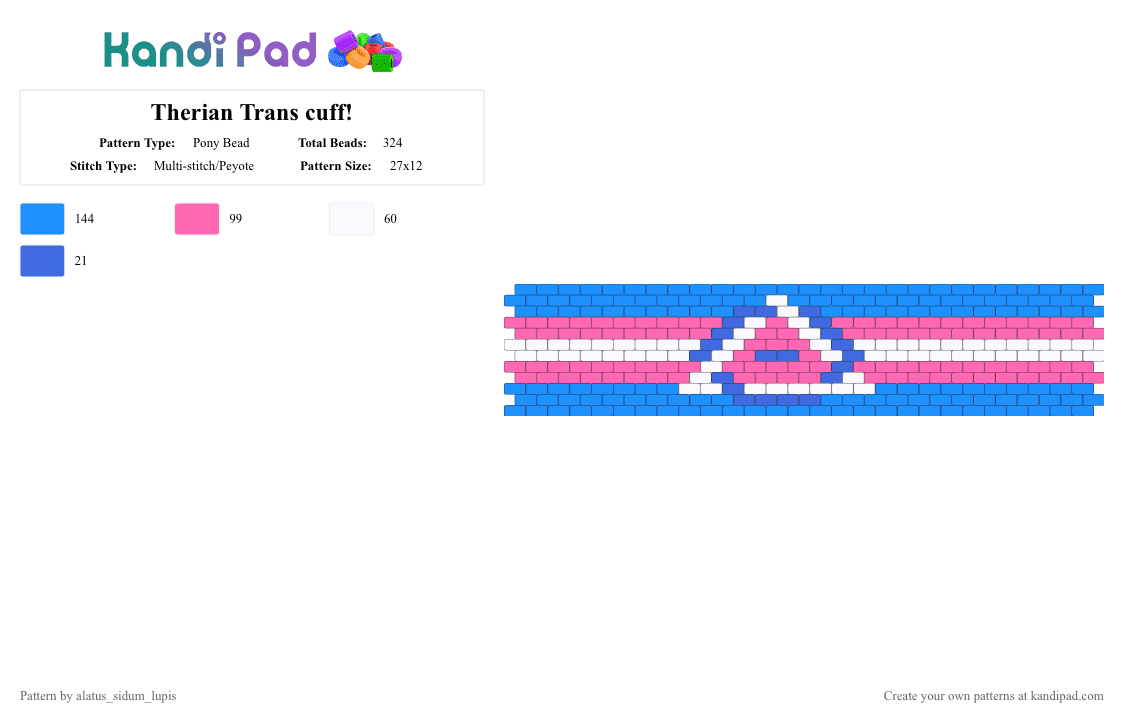 Therian Trans cuff! - Pony Bead Pattern by alatus_sidum_lupis on Kandi Pad - light blue,pink,pride,trans,therian