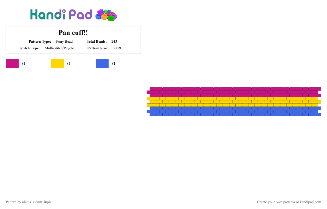 Pan cuff!! - Pony Bead Pattern by xthee_solivanx on Kandi Pad - blue, pink, yellow