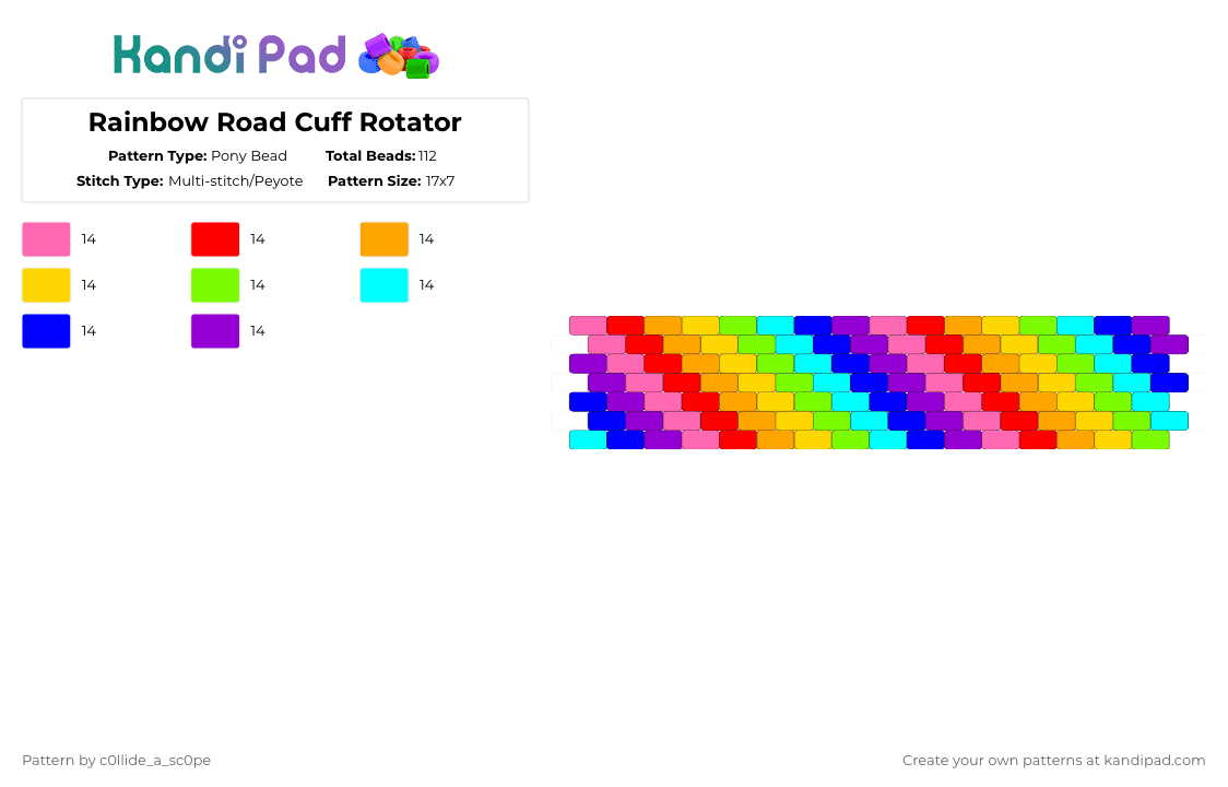Rainbow Road Cuff Rotator - Pony Bead Pattern by c0llide_a_sc0pe on Kandi Pad - purple