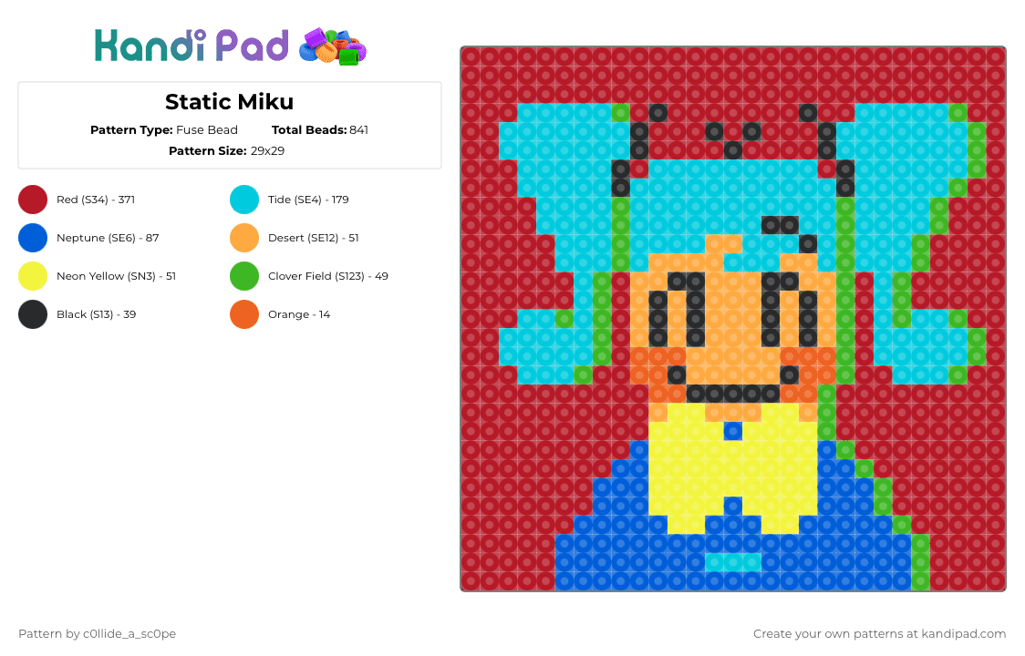 Static Miku - Fuse Bead Pattern by c0llide_a_sc0pe on Kandi Pad - red,light blue