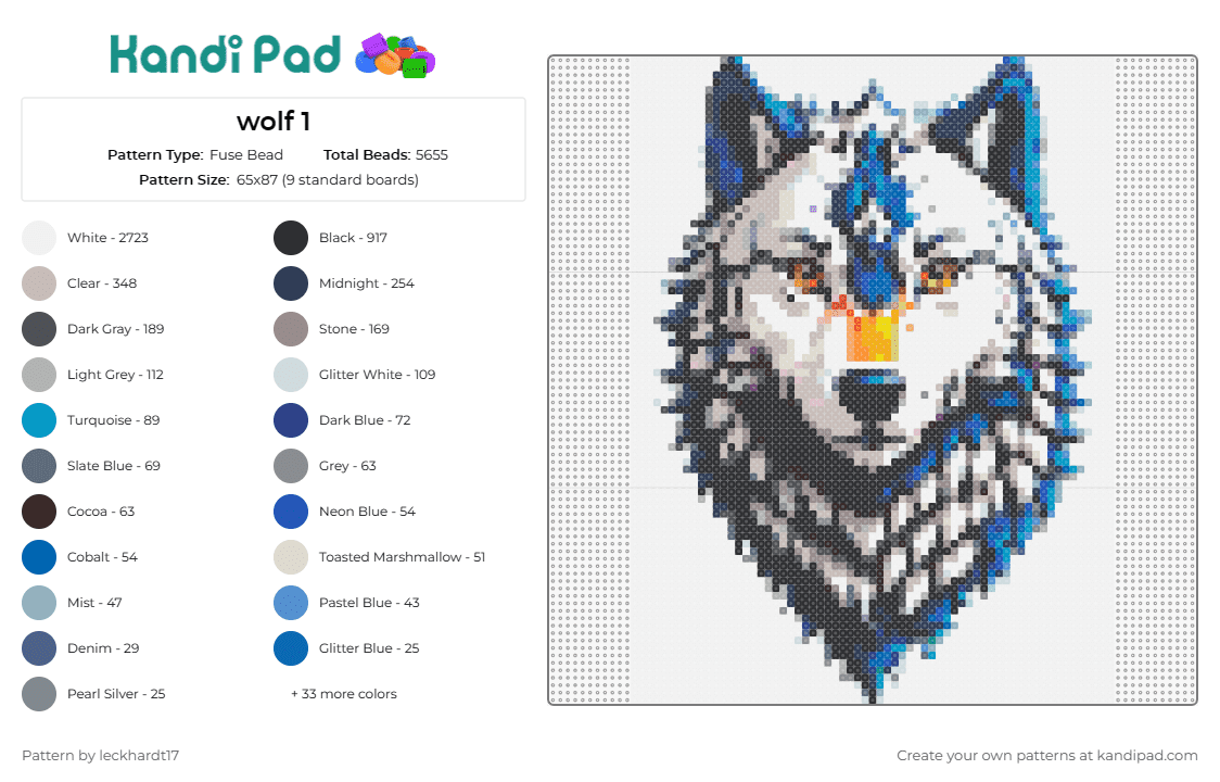 wolf 1 - Fuse Bead Pattern by deleted_user_801408 on Kandi Pad - wolf,animal,arctic,icy gaze,wintry,bold contrasts,blue,orange,white,black