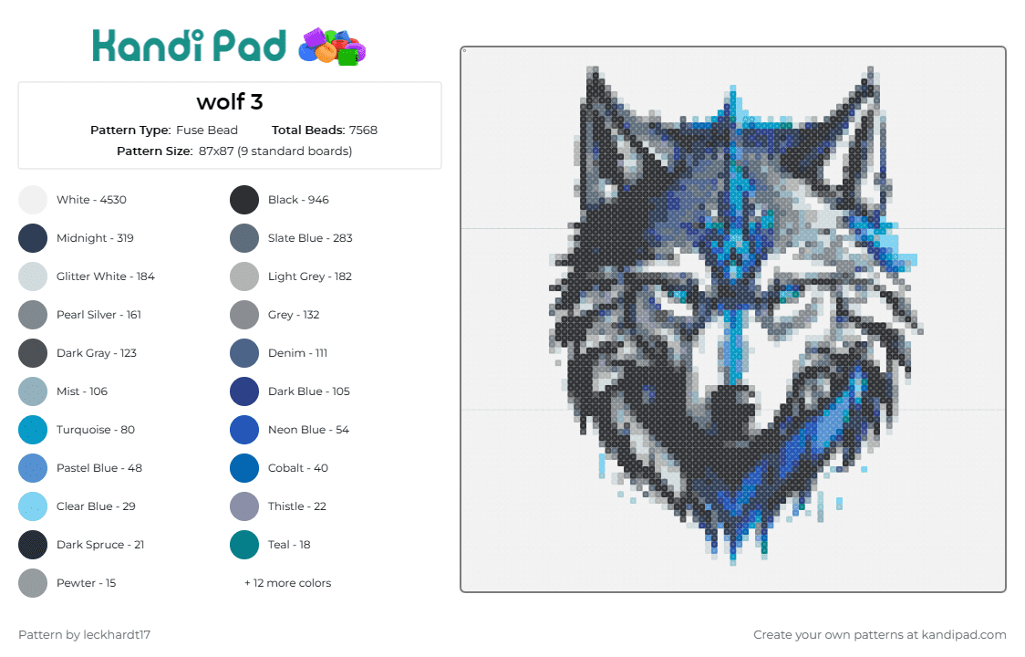 wolf 3 - Fuse Bead Pattern by deleted_user_801408 on Kandi Pad - wolf,animal,wilderness,fierce,captivating,blue-eyed,dynamic,splash,blue,gray,white