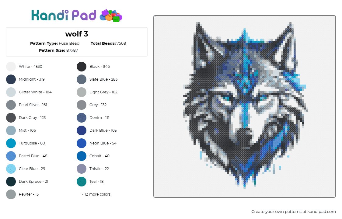 wolf 3 - Fuse Bead Pattern by deleted_user_801408 on Kandi Pad - wolf,animal,wilderness,fierce,blue-eyed,splash,blue,gray,white