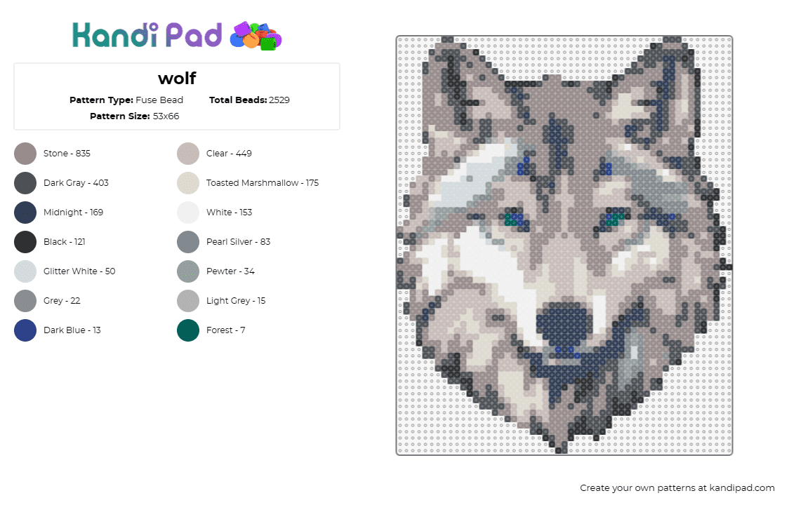 wolf - Fuse Bead Pattern by deleted_user_801408 on Kandi Pad - wolf,animal,majestic,noble,forest creature,monochrome,gray,white,black