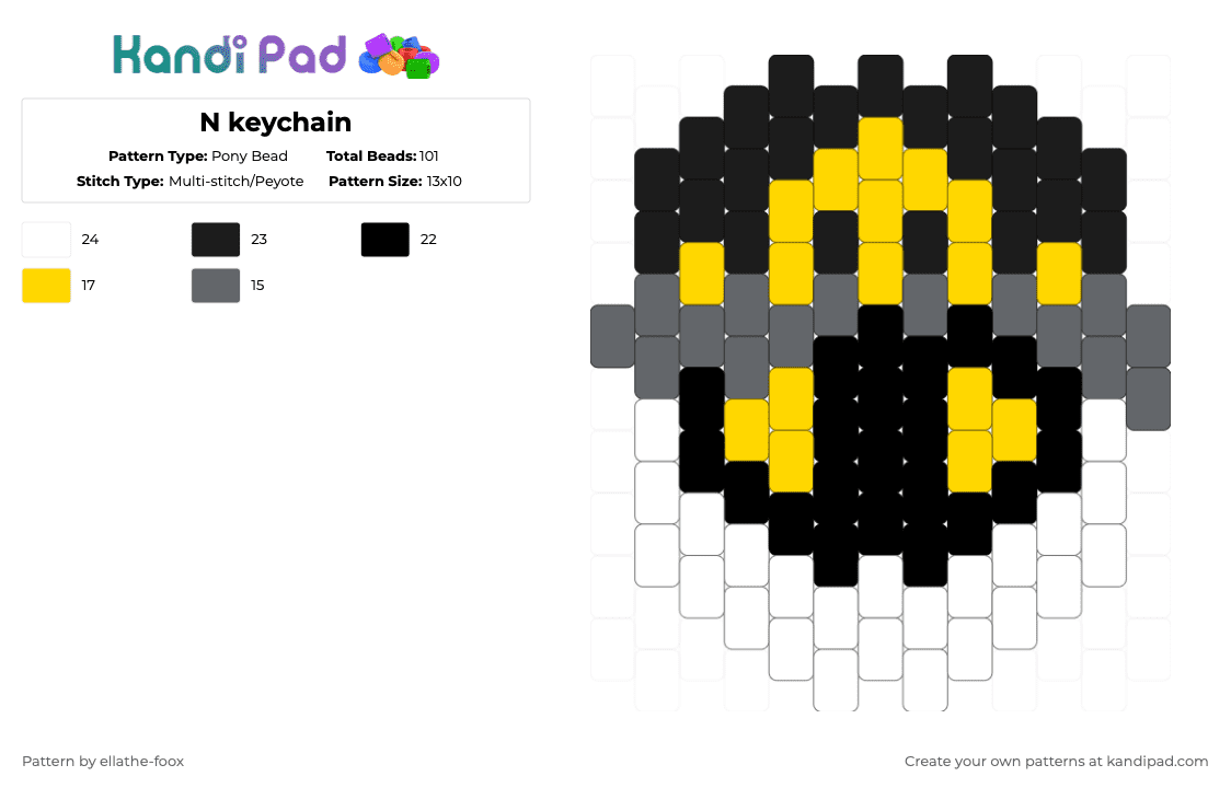 N keychain - Pony Bead Pattern by ellathe-foox on Kandi Pad - gray,yellow,murder drones,n,sdn,uzi