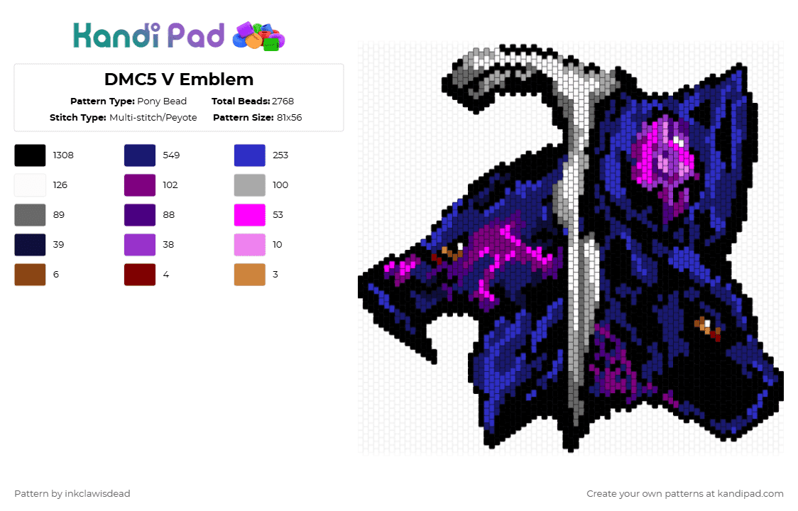 DMC5 V Emblem - Pony Bead Pattern by inkclawisdead on Kandi Pad - black,purple,dmc,devil may cry,devil may cry 5,dmc v,v,emblem,capcom