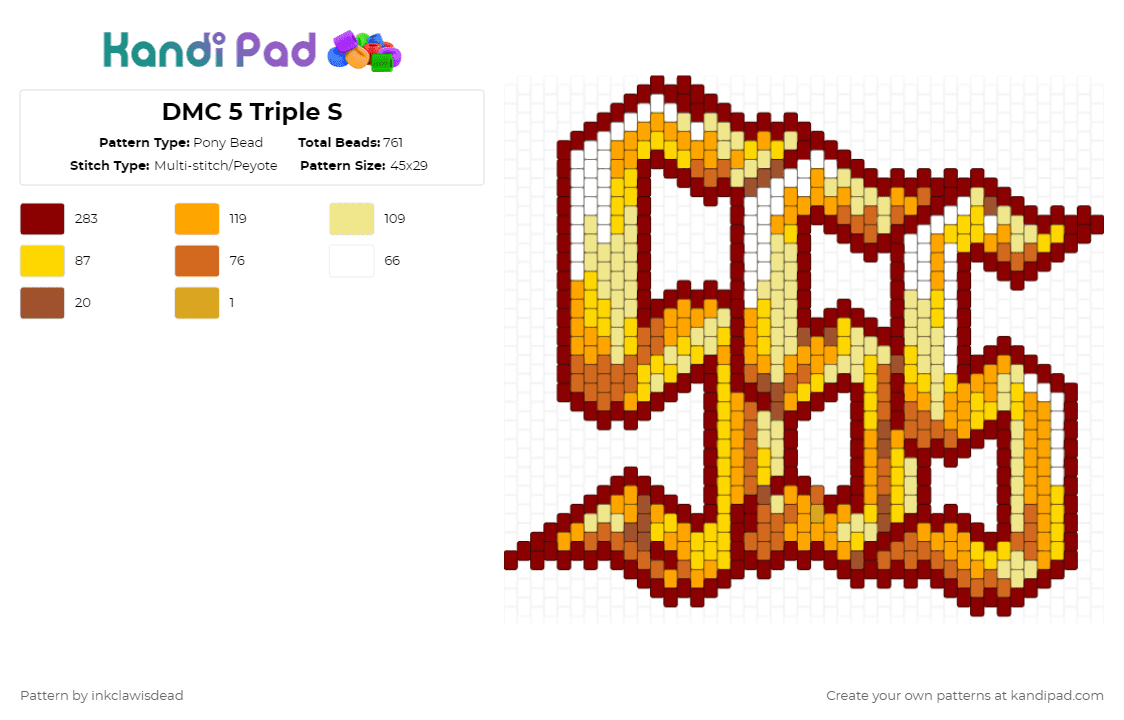 DMC 5 Triple S Rank - Pony Bead Pattern by inkclawisdead on Kandi Pad - red