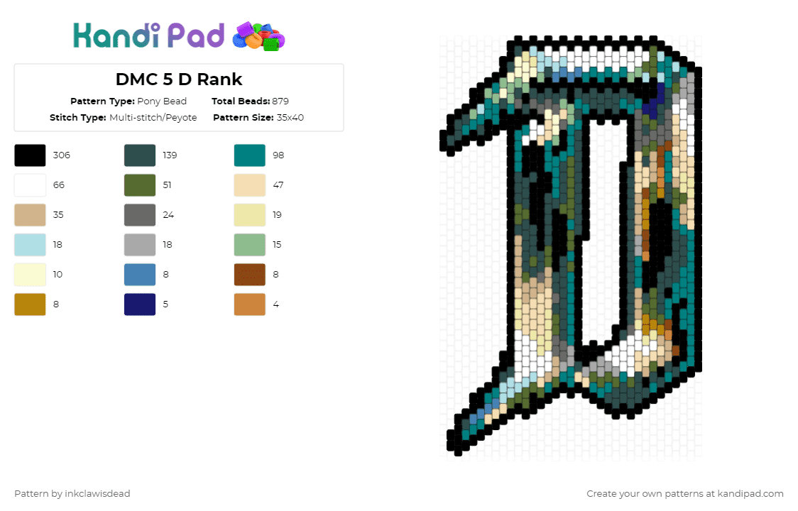 DMC 5 D Rank - Pony Bead Pattern by inkclawisdead on Kandi Pad - gray,gold,teal,beige