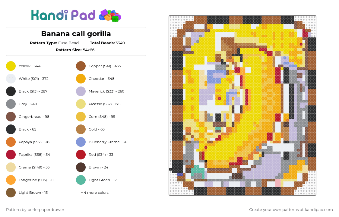 Banana call gorilla - Fuse Bead Pattern by perlerpaperdrawer on Kandi Pad - tan,orange,yellow,gray,colorful,blocktales,summon card