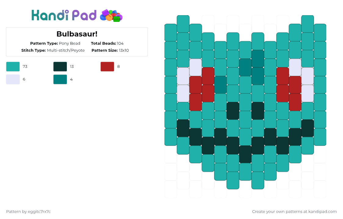 Bulbasaur! - Pony Bead Pattern by eggitc7rx7c on Kandi Pad - bulbasaur, game, nintendo, pokemon, teal