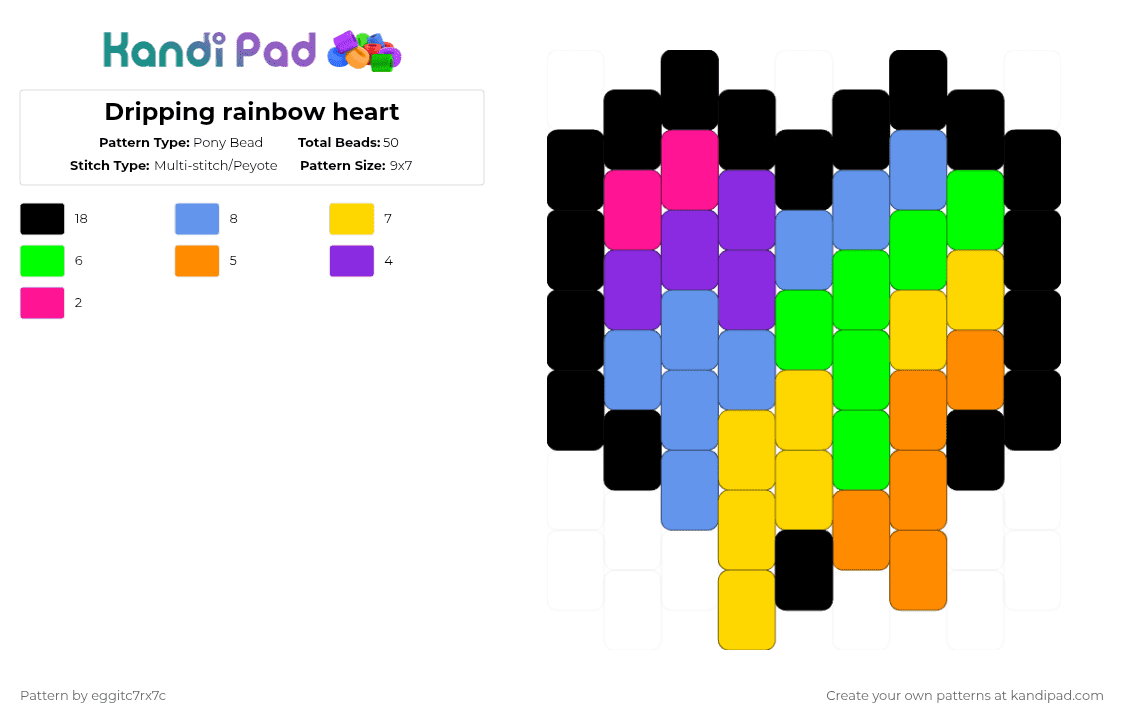 Dripping rainbow heart - Pony Bead Pattern by eggitc7rx7c on Kandi Pad - light blue,yellow,green,orange,heart,rainbow,charm,drip