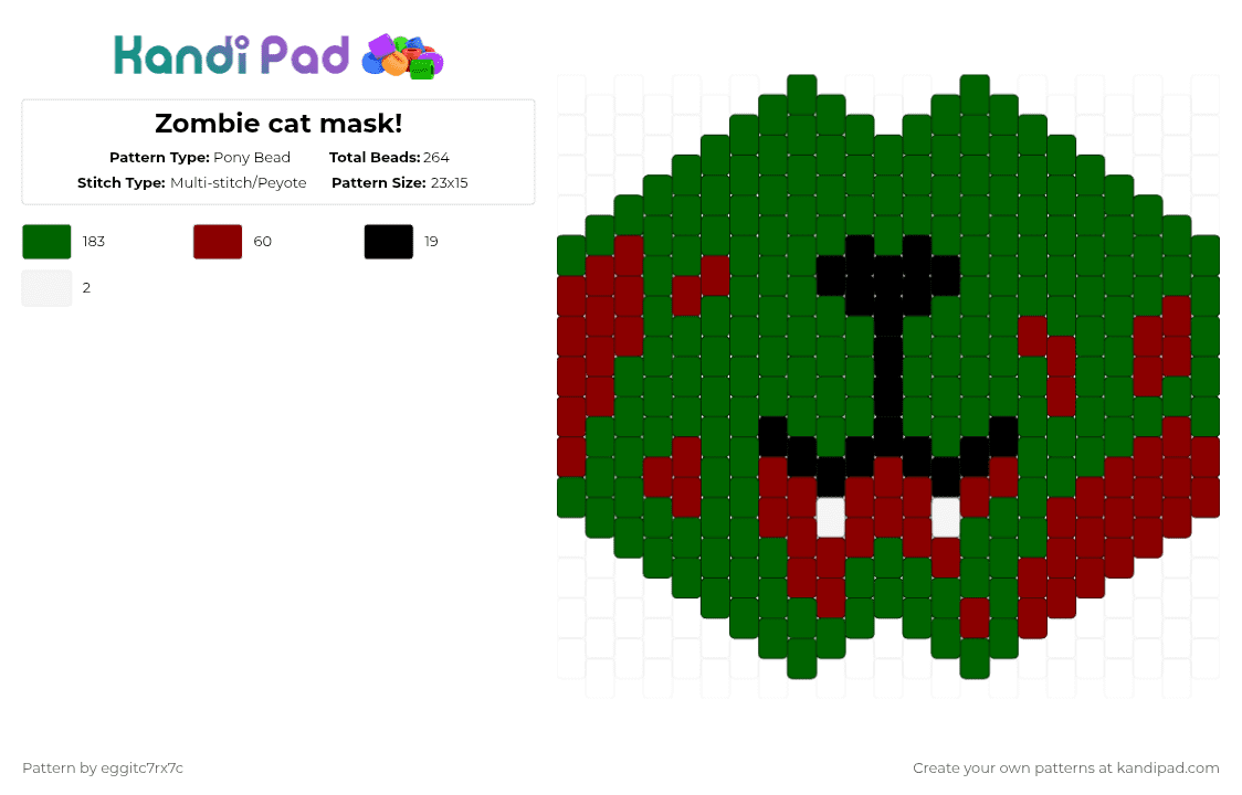 Zombie cat mask! - Pony Bead Pattern by eggitc7rx7c on Kandi Pad - green,zombie,cat,mask,undead,blood,bloody