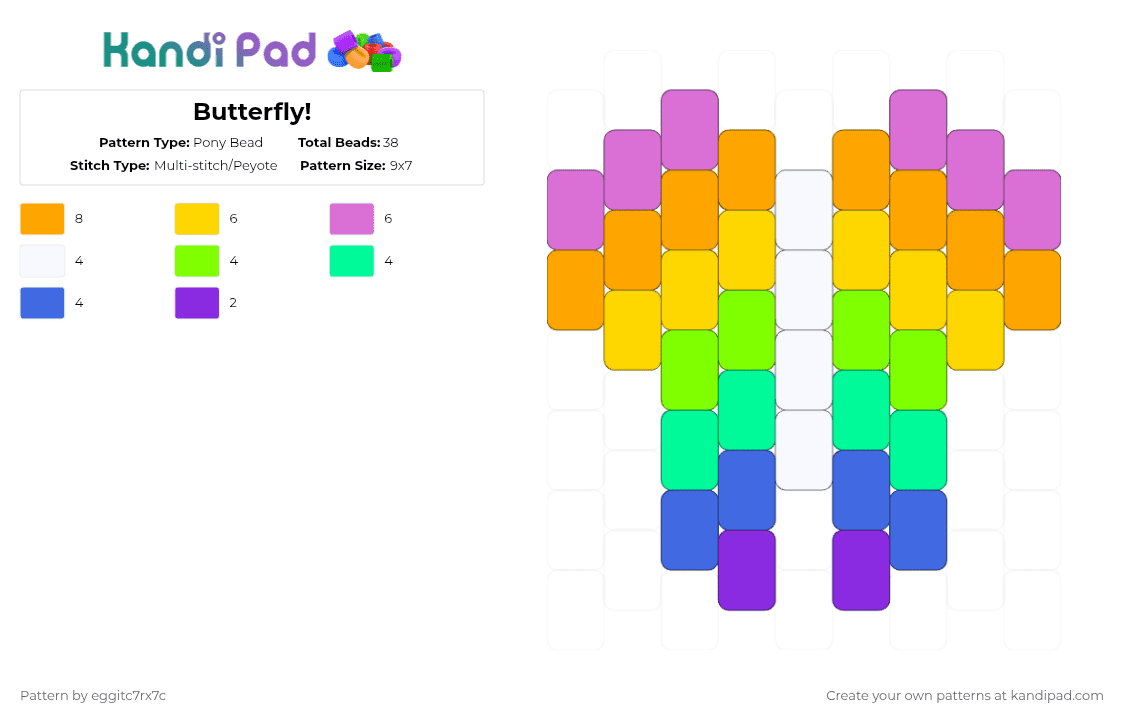 Butterfly! - Pony Bead Pattern by eggitc7rx7c on Kandi Pad - yellow,orange,pink,charm,butterfly,rainbow,bug