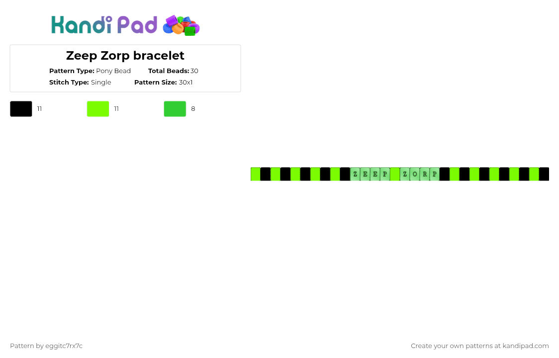Zeep Zorp bracelet - Pony Bead Pattern by eggitc7rx7c on Kandi Pad - black,green,cotdalienlanguages,alien,zeep,zorp