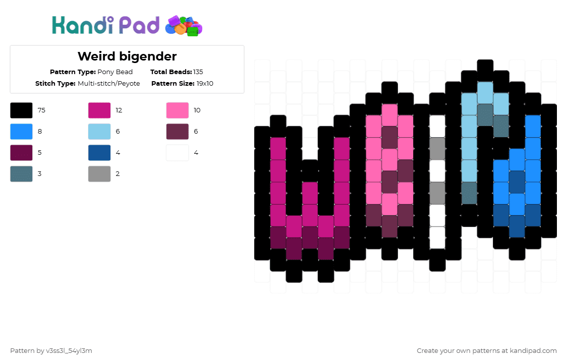Weird bigender - Pony Bead Pattern by n33d3l5 on Kandi Pad - black,pink,light blue,weird,bigender,text,charm